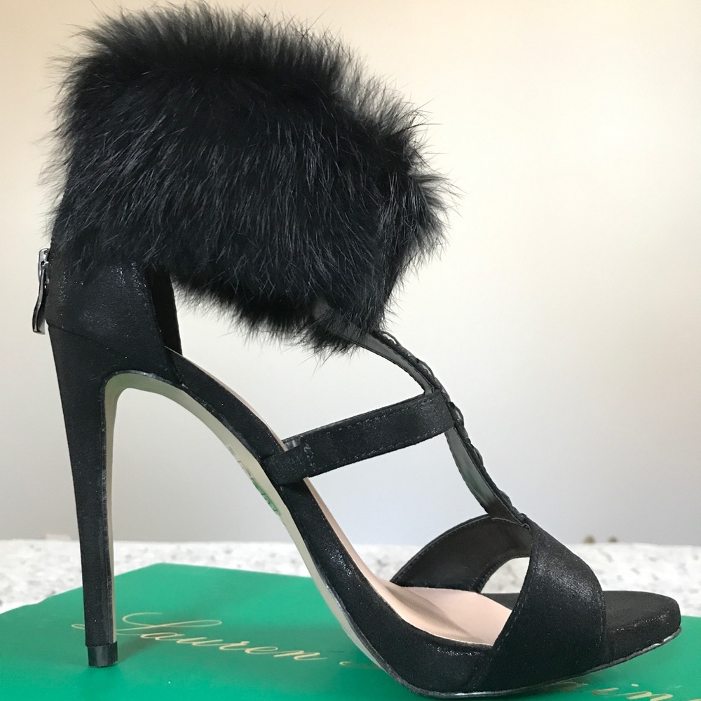 Black Fur Cuff Heels